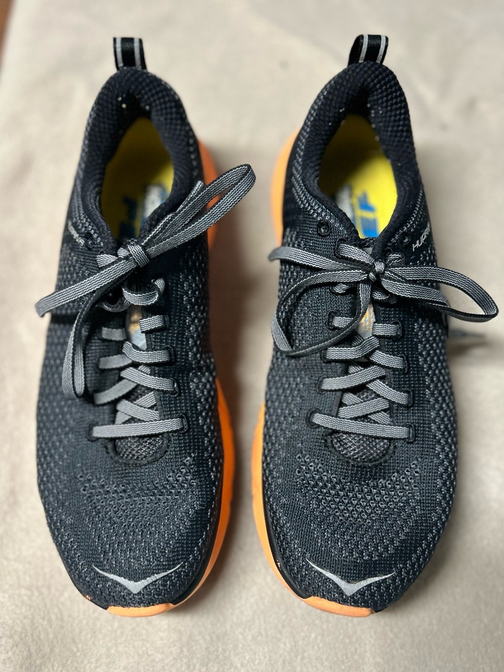 Hoka Womens Hupana 2 Black/gray Knit Running Shoes with Orange Sole size 8